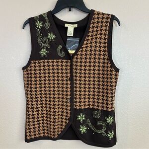 Vintage Deadstock Bechamel Size S Houndstooth Brown Sweater Vest Twee Embroidery
